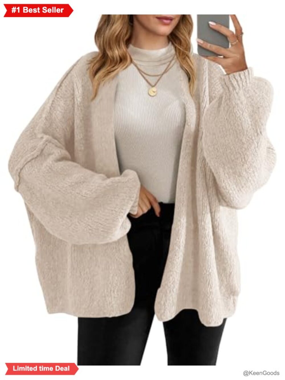 Oversized Chunky Knit Open Front Cardigan Lantern Sleeve Slouchy Sweater